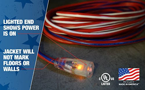 Red White and Blue 100-Feet 12/3 Extension Cord with Lighted End R44653