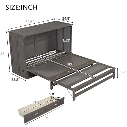 Queen Size Wood Murphy Bed with Charging Station and Storage Drawer G772388