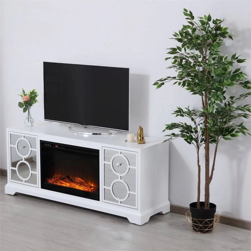 White Mirrored TV Stand with Wood Fireplace Insert W34736