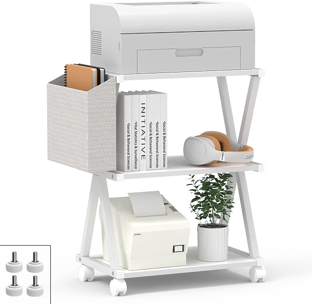 White 3 Tier Wood Printer Stand with Storage Bag F51449