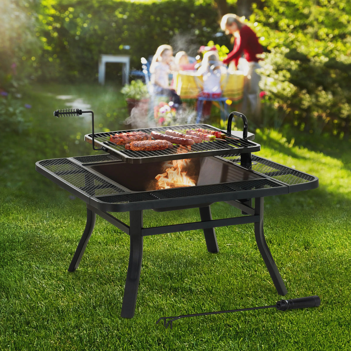 38 Inch Wood Burning Fire Pit with Adjustable Grill Grate and Fire Poker A42159