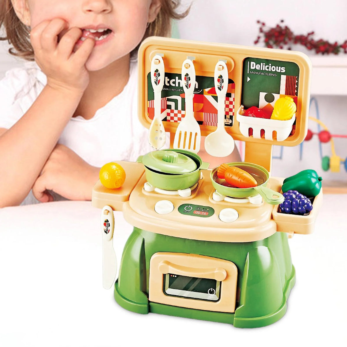 30Pcs Kitchen Playset Toy Pretend Food and Cooking Playset Educational Learning Skill Toy Pretend Chef Cookware for Dollhouse green M89510