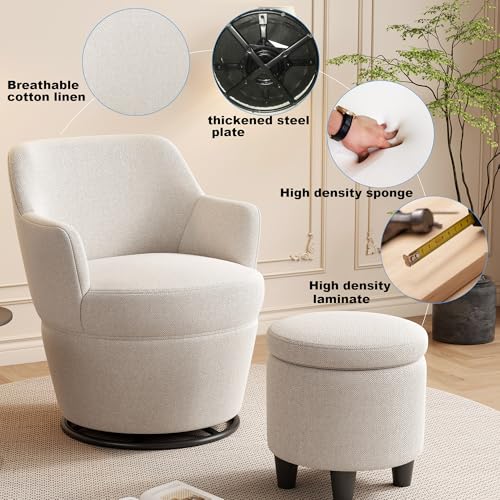 Beige Cotton Linen Upholstered Swivel Chair with Storage Ottoman M7259