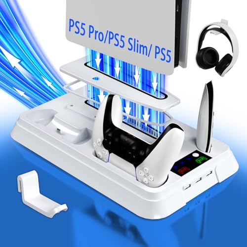 PS5 Stand and Cooling Station with LED Controller Charging Station, Cooling Fan, Headset Holder, 3 USB Hubs I37861