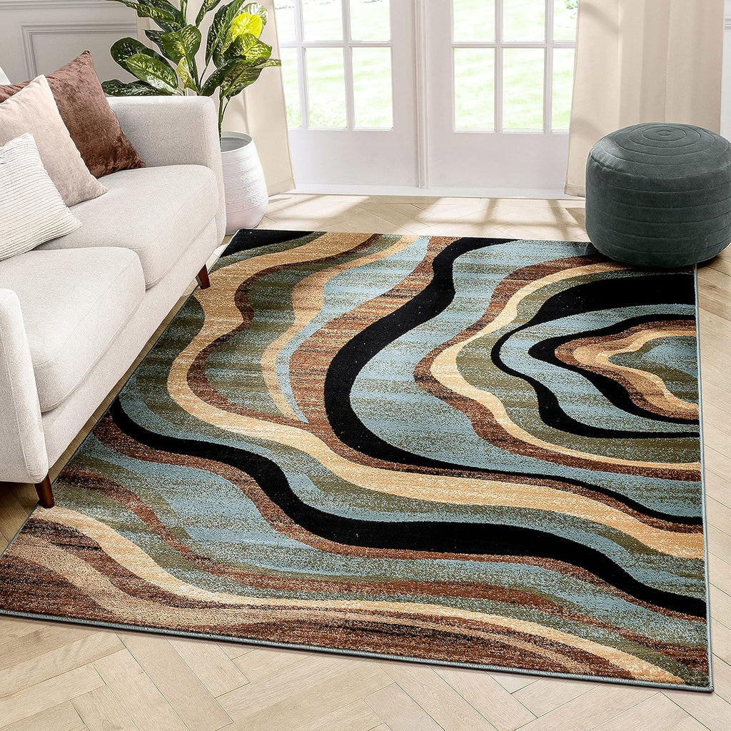Blue Brown Geometric Area Rug 8x10 R327528