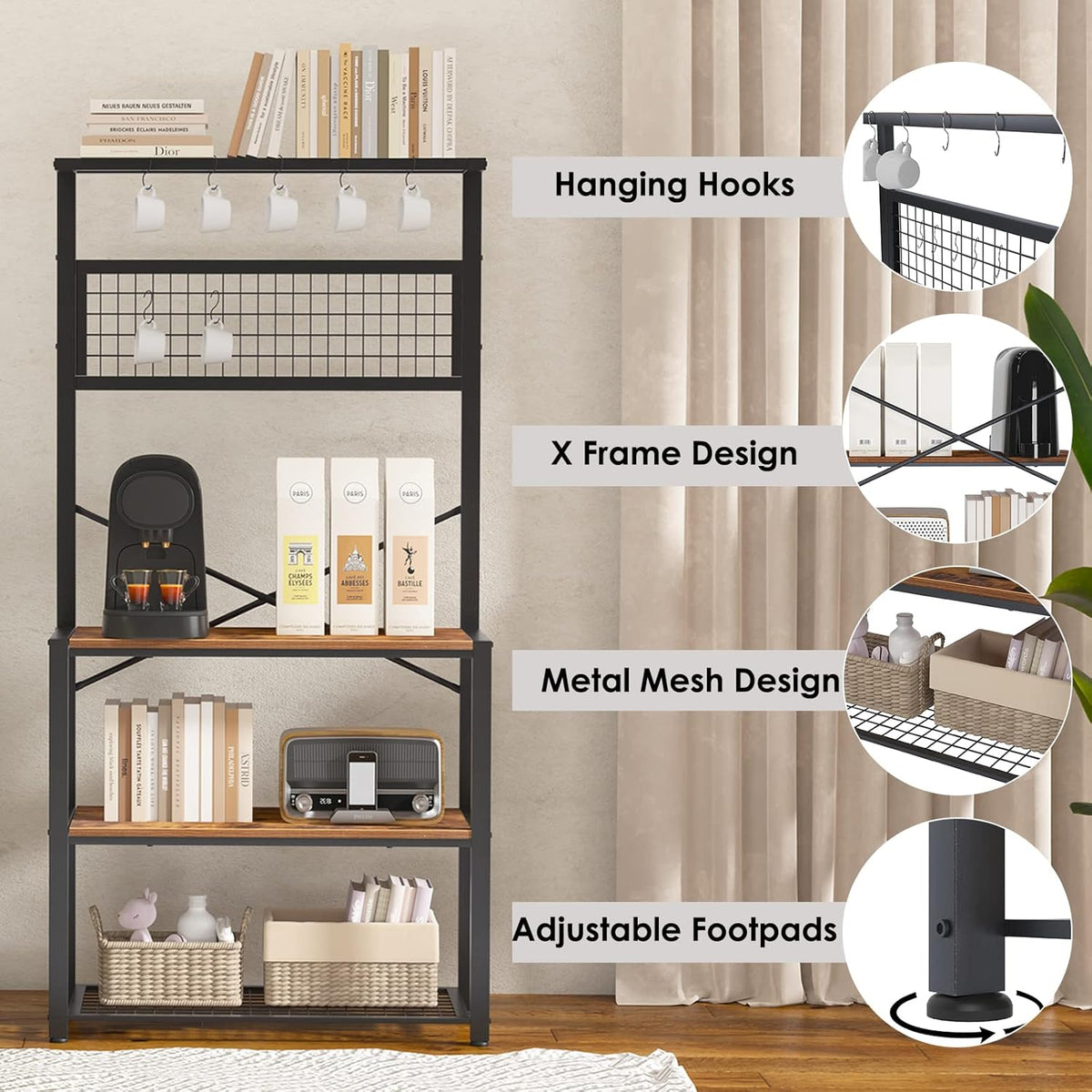 Rustic Brown 4-Tier Baker's Rack with 5 Hooks M200