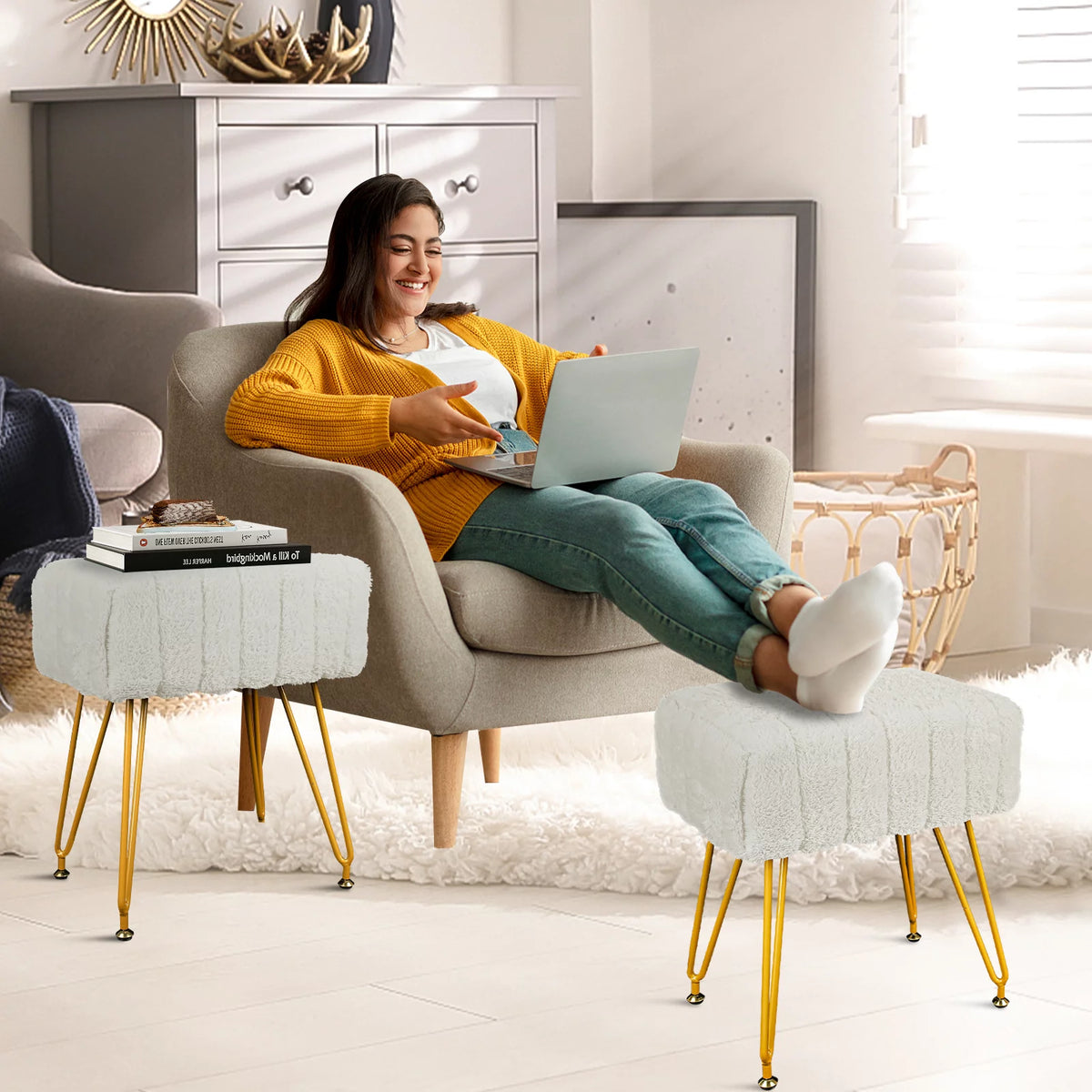 Square Faux Mink Upholstered Ottoman with Gold Legs Q966097