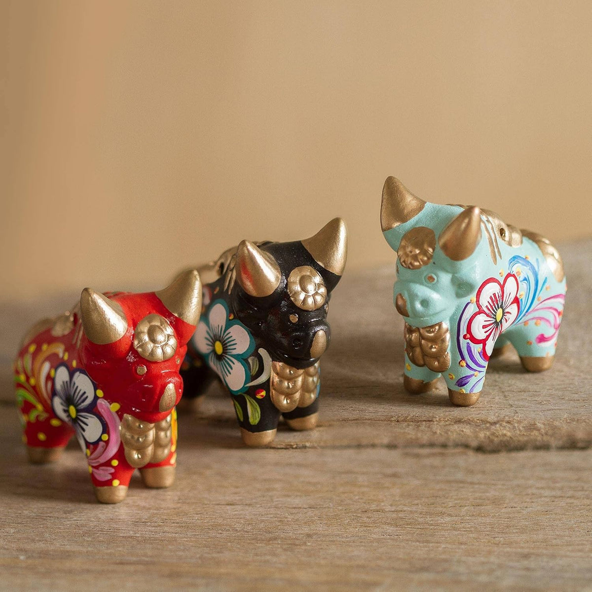 Red Black Turquoise Hand Painted Floral Ceramic Bull Figurines, Set of 3 O306475