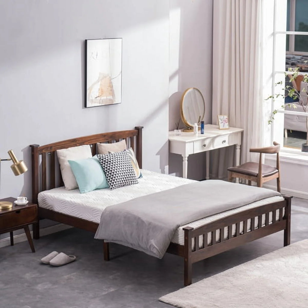 Full Size Pine Wood Platform Bed Frame with Headboard L738781