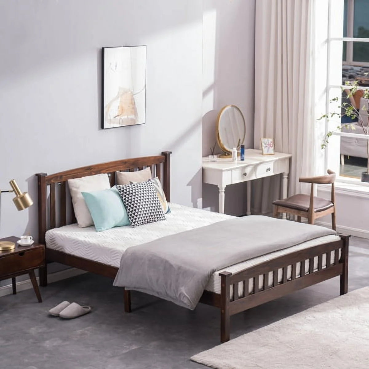 Full Size Pine Wood Platform Bed Frame with Headboard L738781