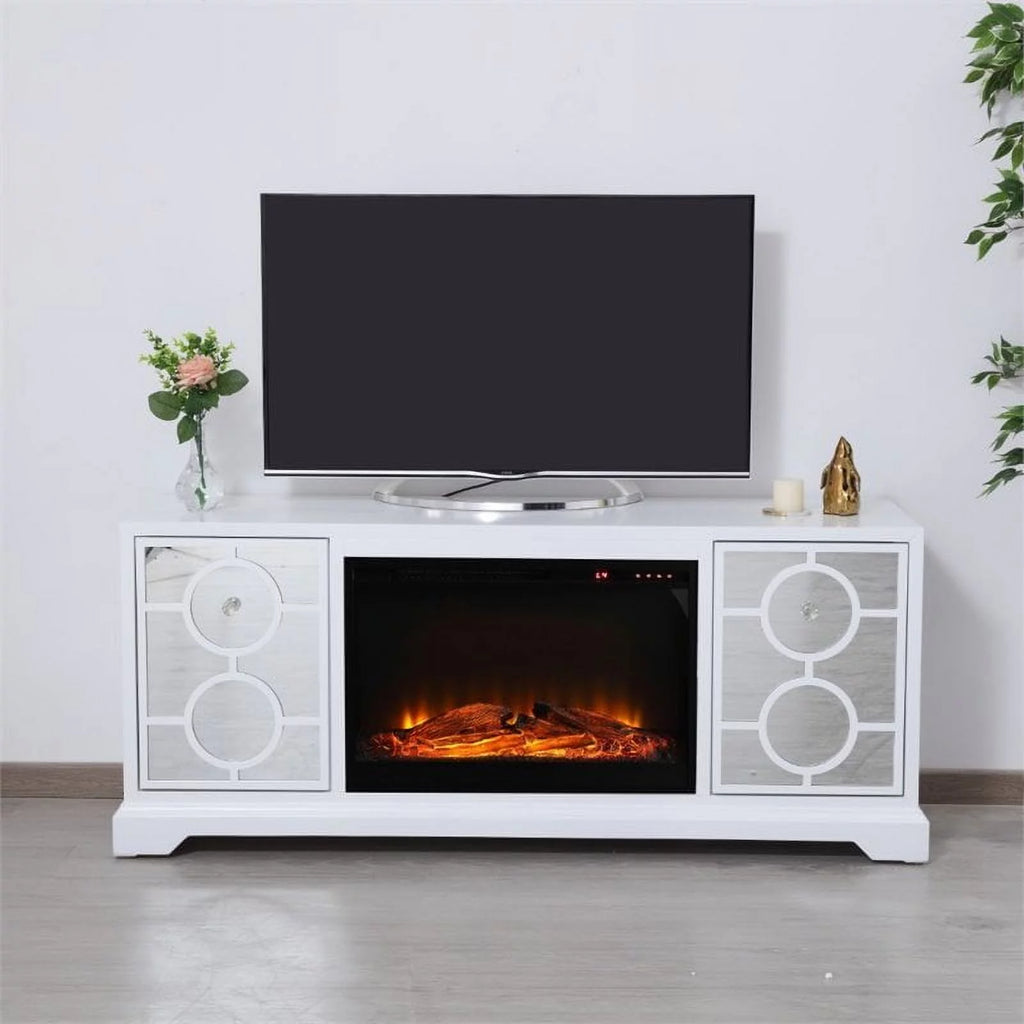 White Mirrored TV Stand with Wood Fireplace Insert W34736