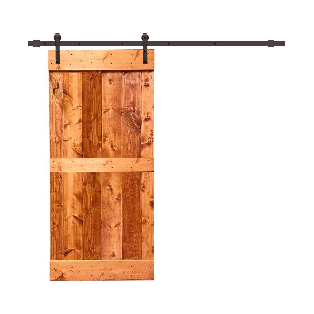 Red Walnut Stained Solid Pine Wood Interior Sliding Barn Door with Hardware Kit U458826