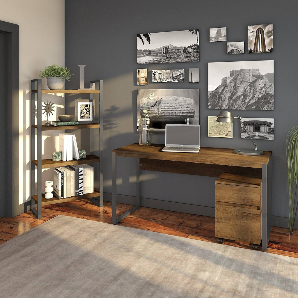 Brown Writing Desk with File Cabinet and Bookcase M137