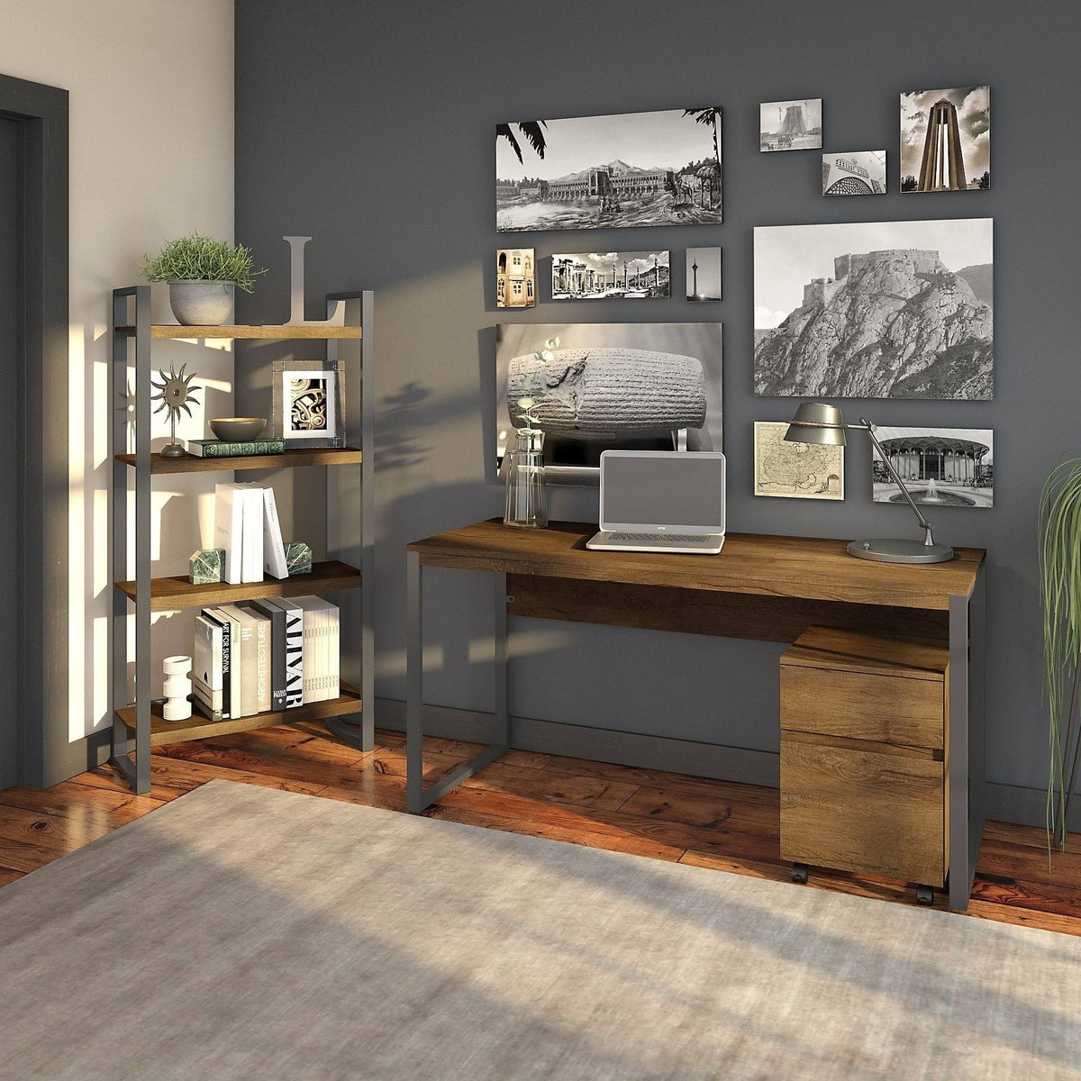 Brown Writing Desk with File Cabinet and Bookcase M137