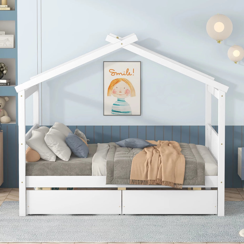 Full Size White Wooden House Bed with Drawers U67742