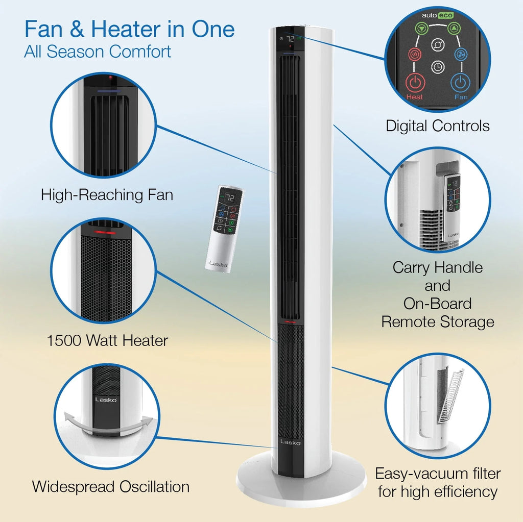 1500W Tower Fan & Space Heater with Timer and Remote P5464