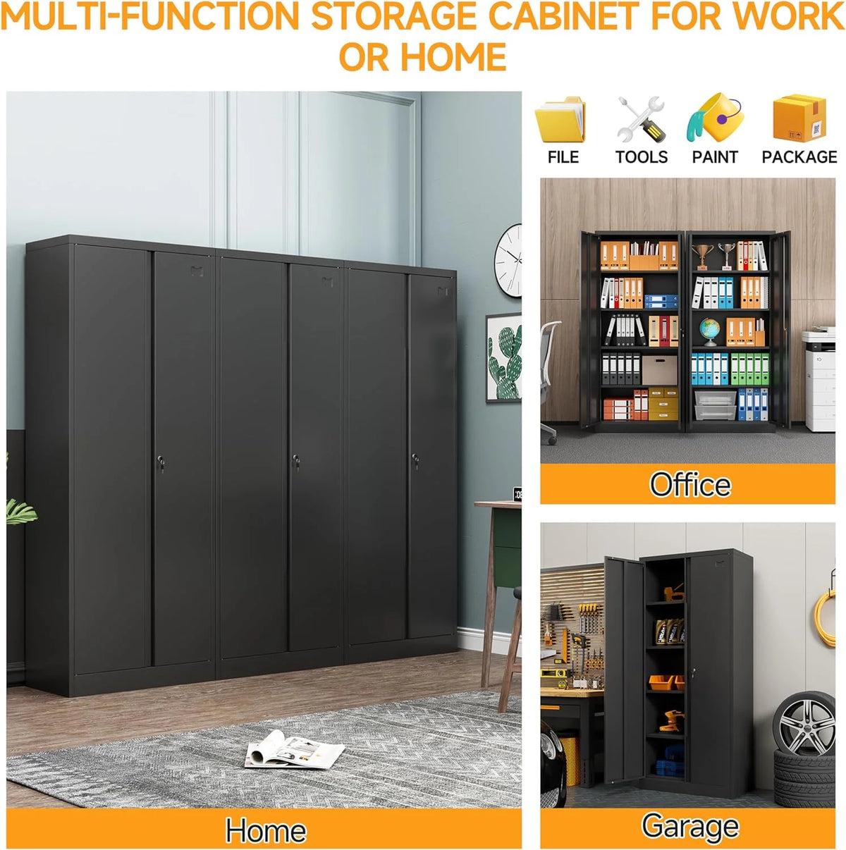 Metal Storage Cabinet with Locking Doors and 4 Adjustable Shelves, 71" Tall Black G3110
