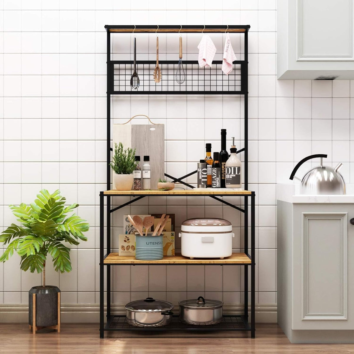 Rustic Brown 4-Tier Baker's Rack with 5 Hooks M200