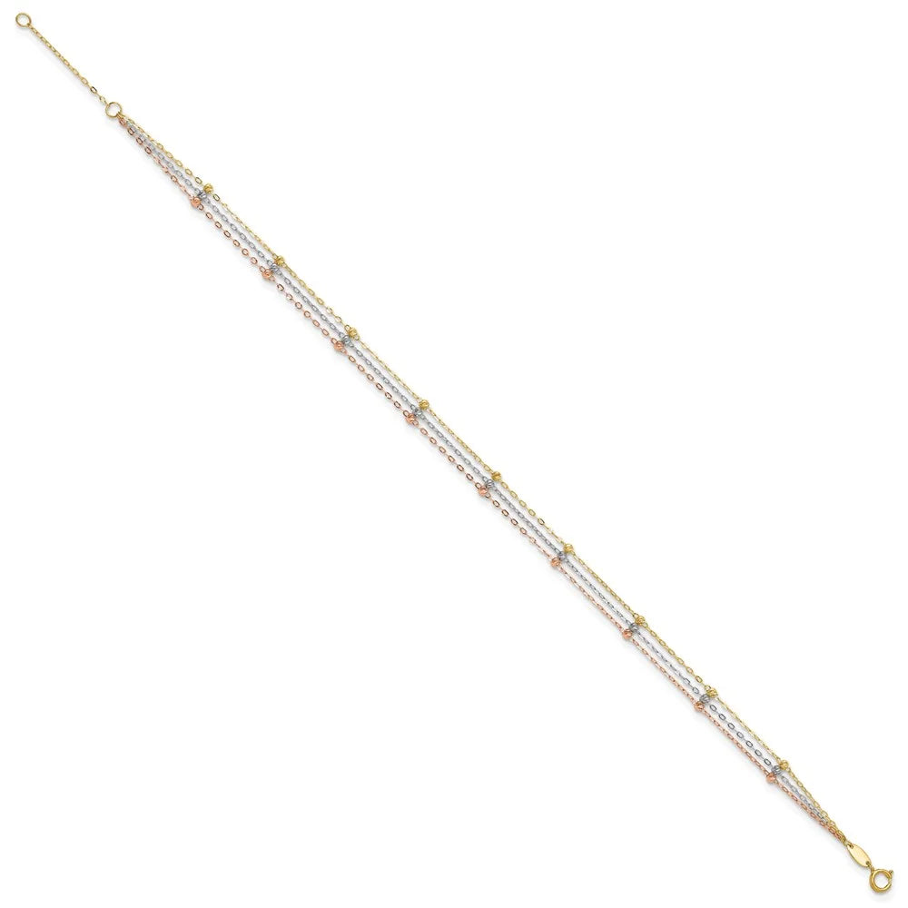 14 Karat Tri-color 3-Strand Beaded Anklet Q6953