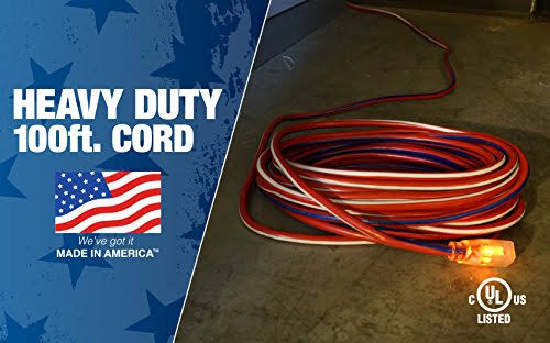 Red White and Blue 100-Feet 12/3 Extension Cord with Lighted End R44653