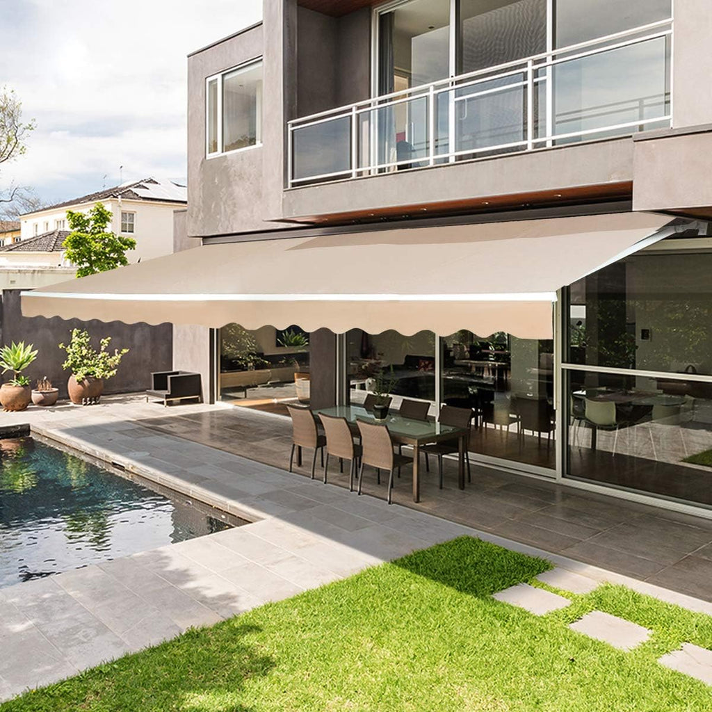 Beige Retractable Patio Awning with Manual Crank Handle V324