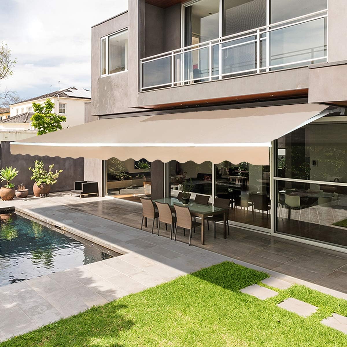 Beige Retractable Patio Awning with Manual Crank Handle V324