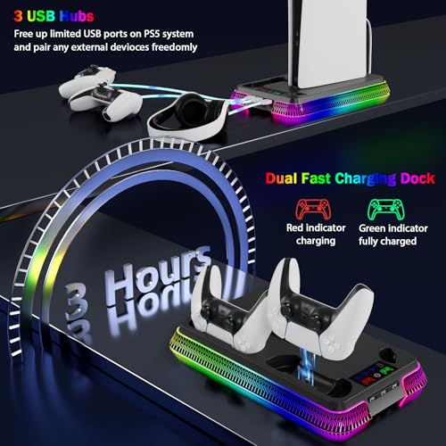 PS5 Stand and Cooling Station with LED Controller Charging Station, Cooling Fan, Headset Holder, 3 USB Hubs I37861