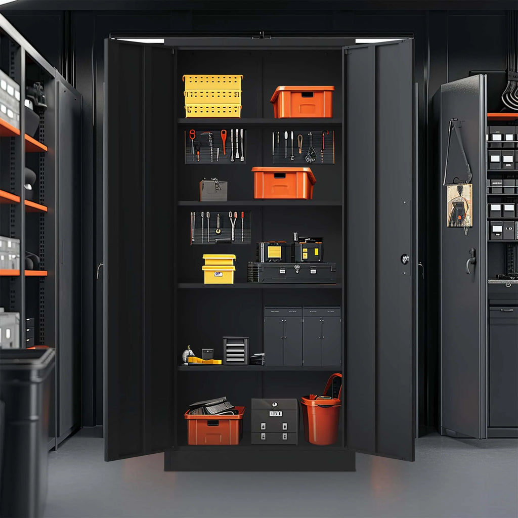Black Metal Locking Storage Cabinet with 4 Shelves F2550