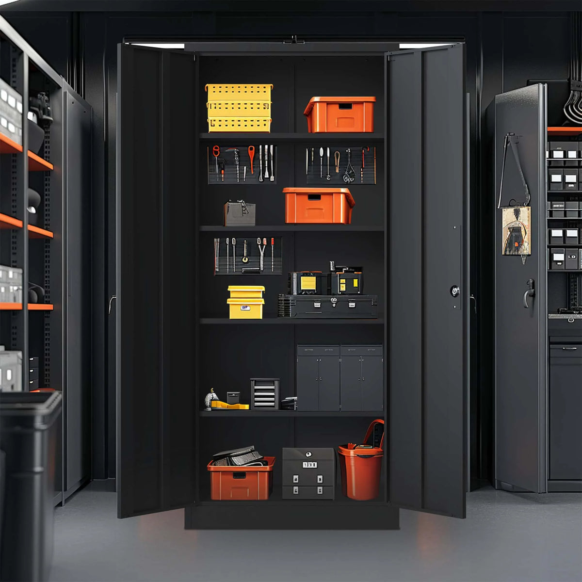 Black Metal Locking Storage Cabinet with 4 Shelves F2550