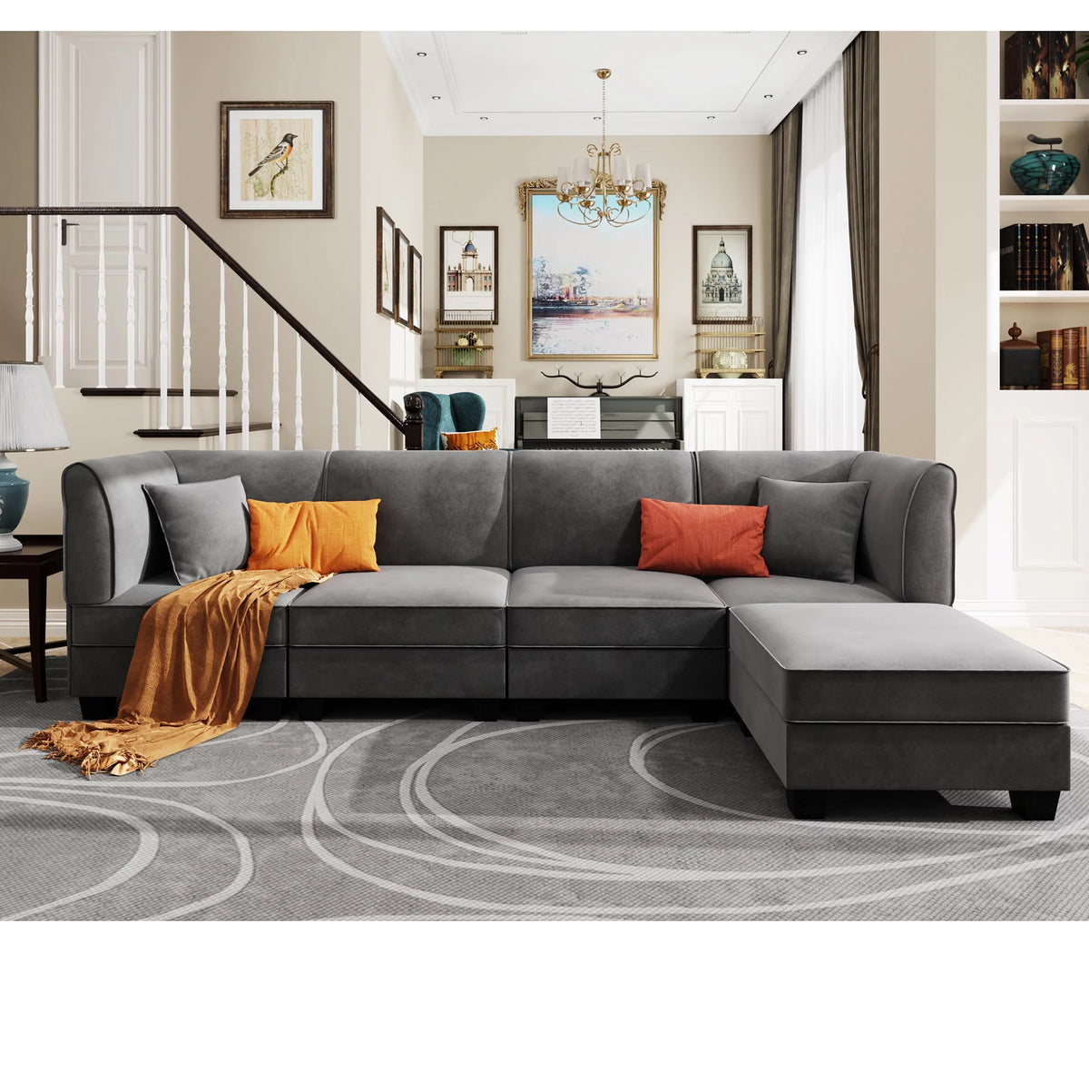 Velvet L-Shaped Sectional Sofa with Reversible Chaise I8859