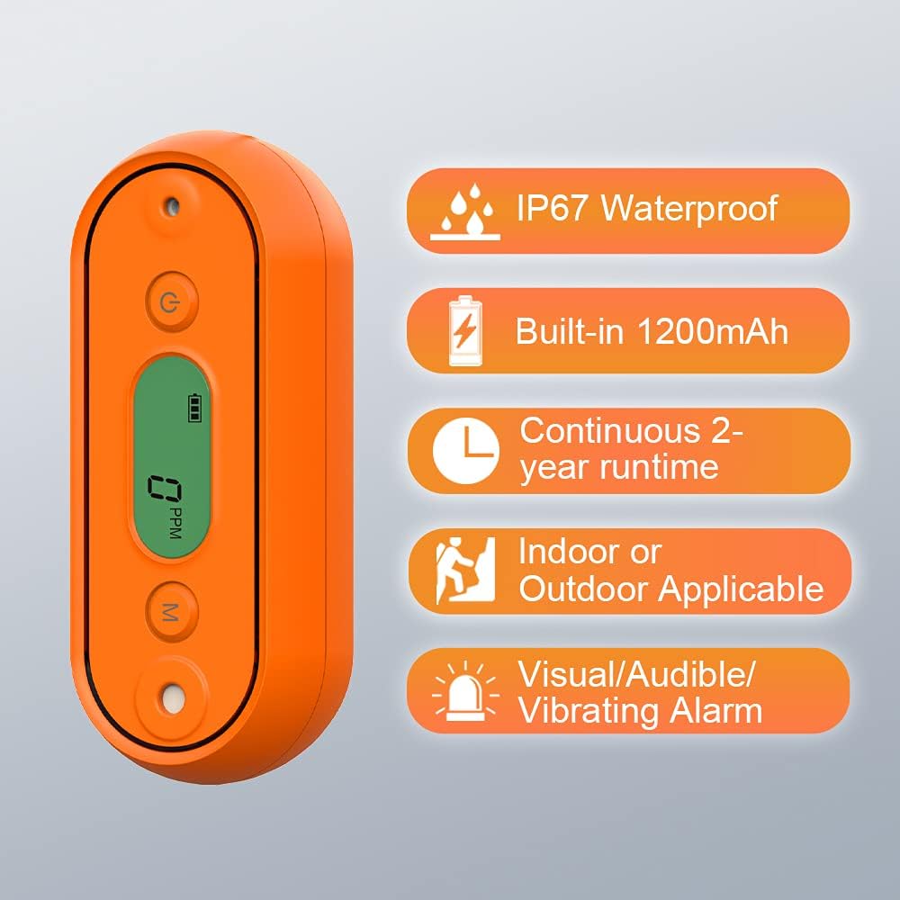 Carbon Monoxide Detector with Visual, Audible, and Vibrating Alerts, Portable CO Monitor, IP67 Waterproof, Battery Operated E36021