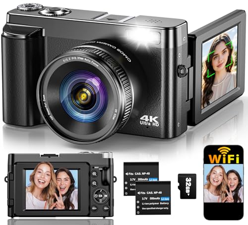 4K 64MP Compact Digital Camera with 32GB Card, 2 Batteries, Black J467