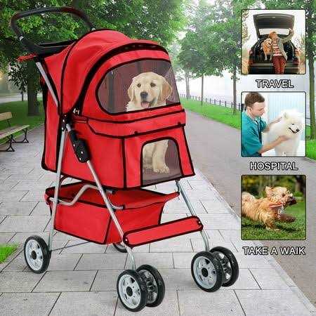Foldable 4 Wheel Pet Dog Stroller with Storage Basket J48003