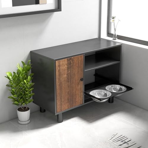 Large Pet Feeder Station with Stainless Steel Double Pull Out Raised Dog Bowls O7767