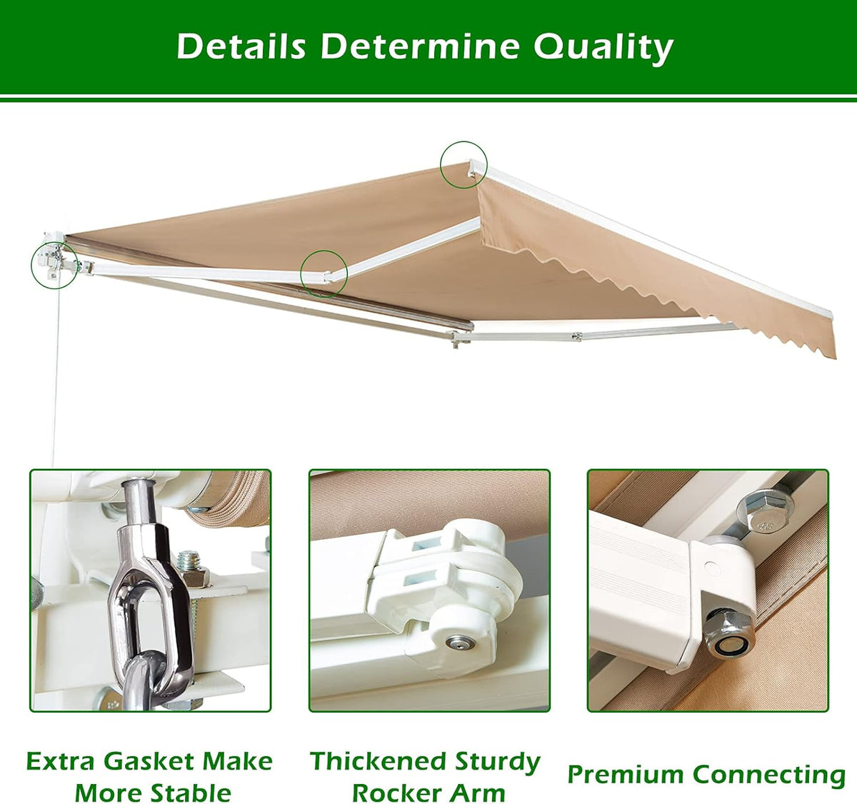 Beige Retractable Patio Awning with Manual Crank Handle V324