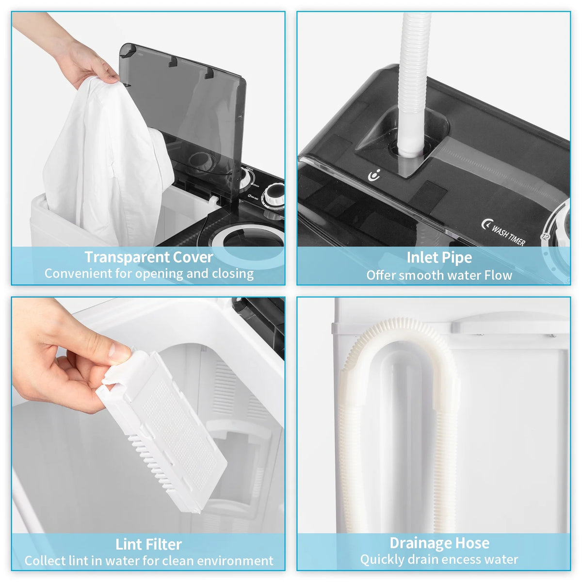 Semi-automatic Twin Tub Washing Machine with Built-in Drain Pump, White&Black S72345
