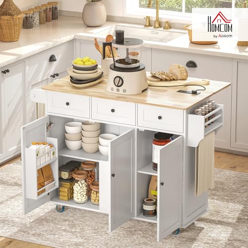 White Rolling Kitchen Island with Wood Top, 3 Drawers, Adjustable Shelf D98559