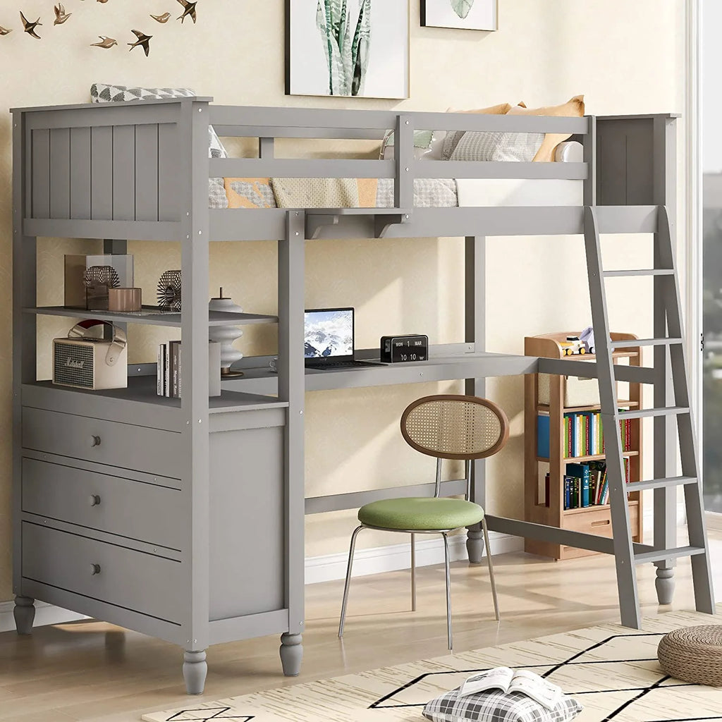 Solid Wood Loft Bed Frame with Storage Drawers and Shelves F87293