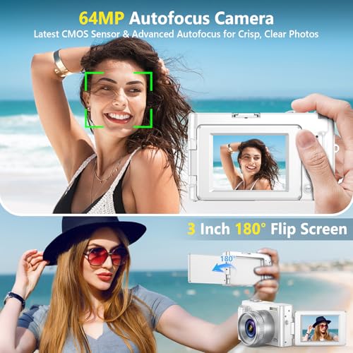 4K 64MP Compact Digital Camera with 32GB Card, 2 Batteries, Black J467