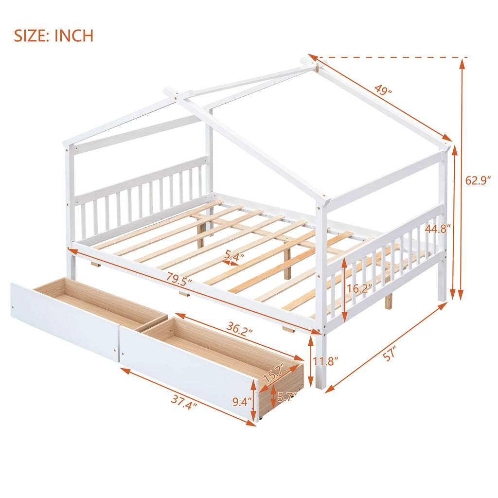 Full Size White Wooden House Bed with Drawers U67742