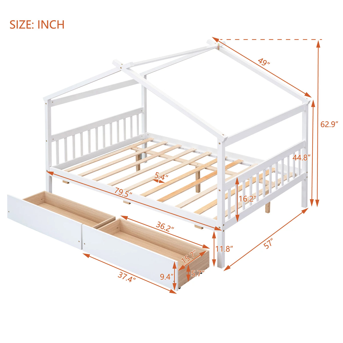 Full Size White Wooden House Bed with Drawers U67742