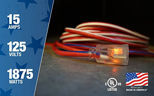 Red White and Blue 100-Feet 12/3 Extension Cord with Lighted End R44653