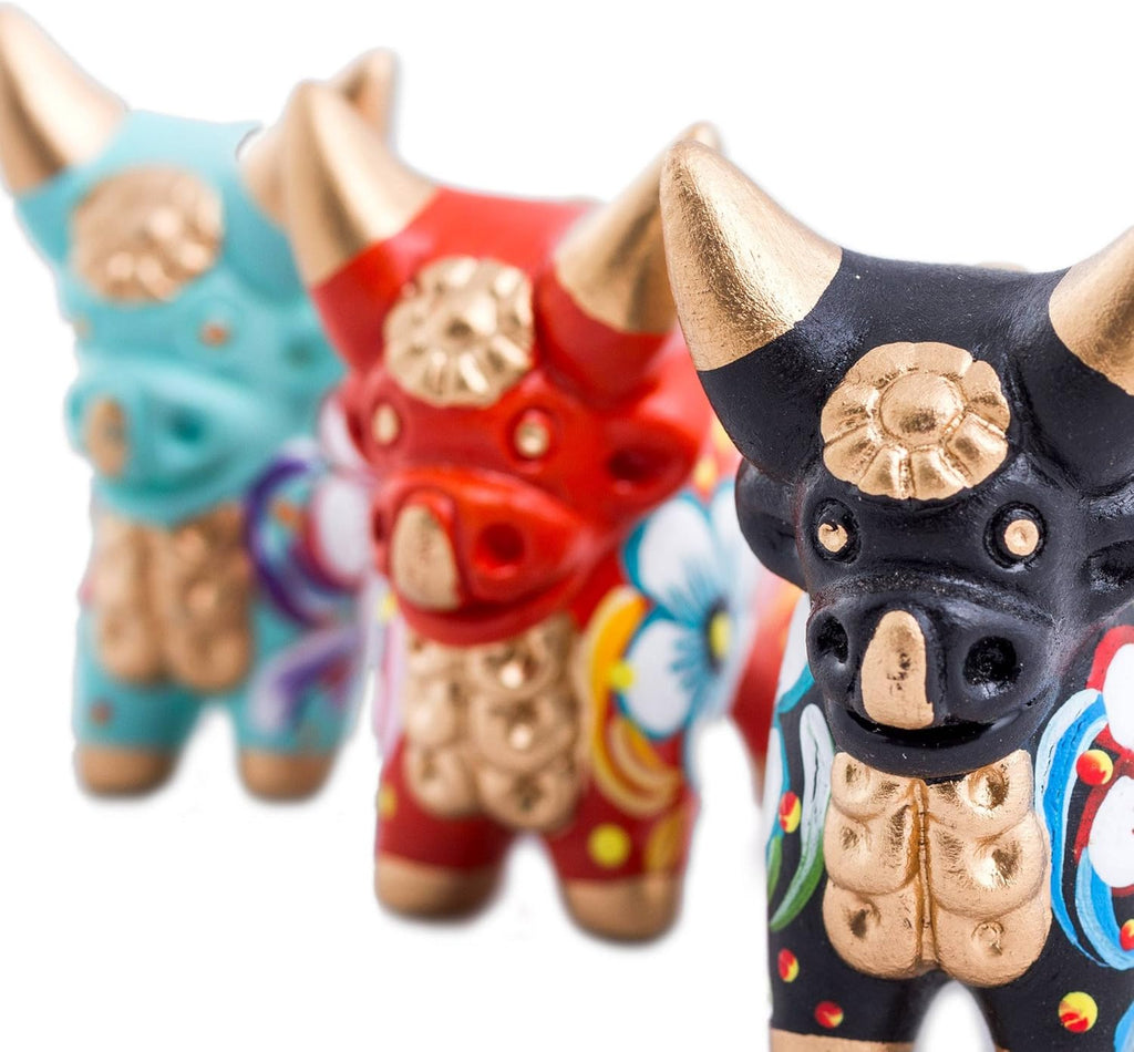 Red Black Turquoise Hand Painted Floral Ceramic Bull Figurines, Set of 3 O306475