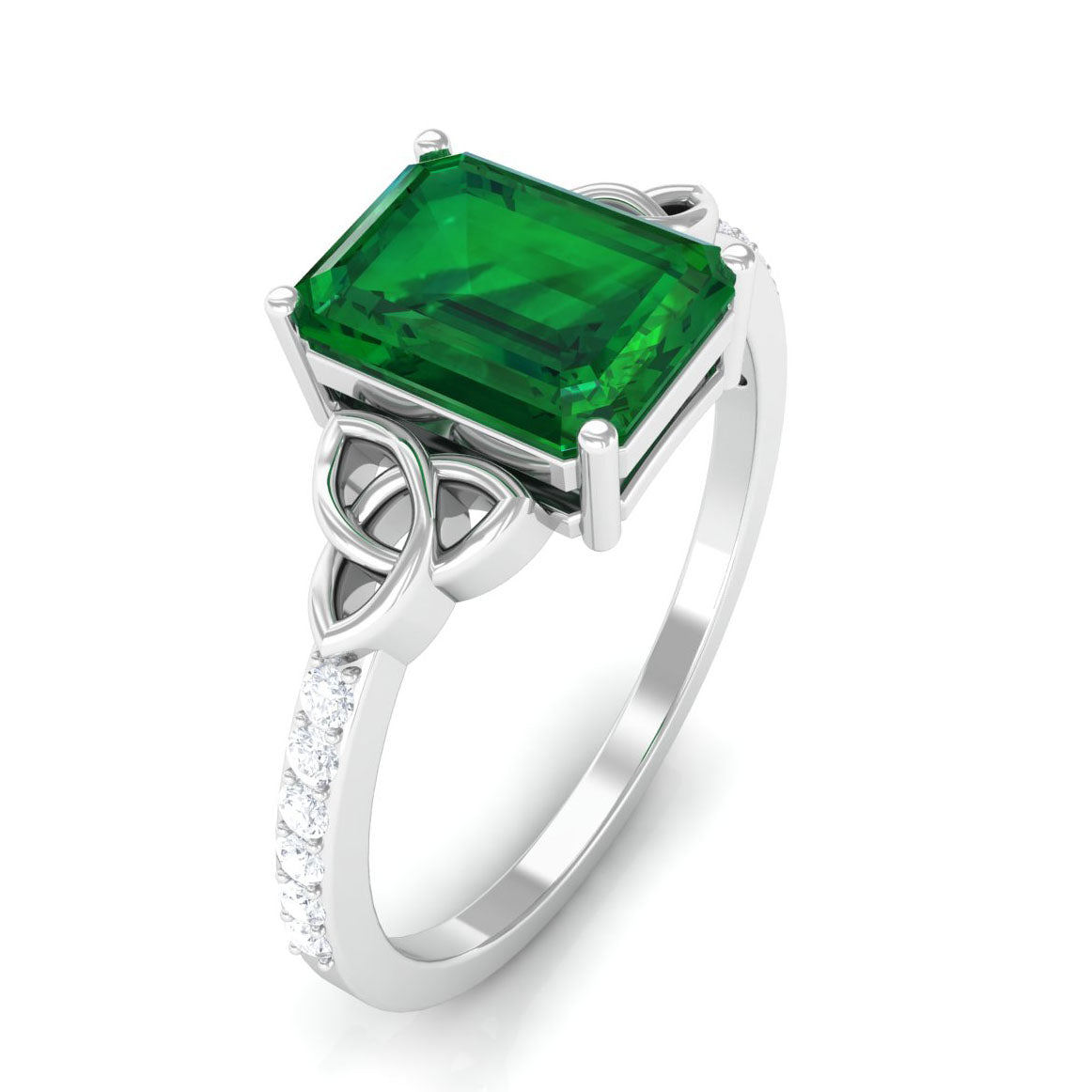 Emerald Solitaire Celtic Ring with Diamond - 6X8 mm, 925 Sterling Silver, US 13.00 P17256