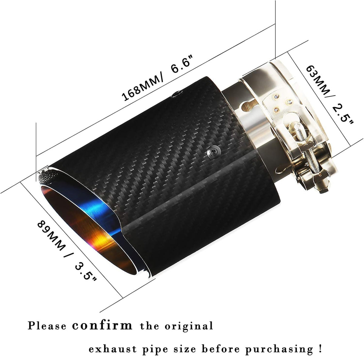 2.5" Inlet 63mm Exhaust Tips Stainless Steel and Glossy Carbon Fiber Car Exhaust Tip, 3.5" Outlet Matt All Black Pack of 2 I5433