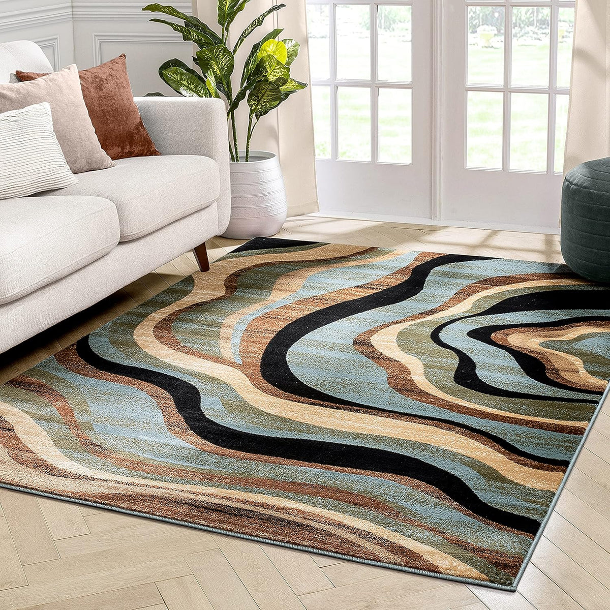 Blue Brown Geometric Area Rug 8x10 R327528