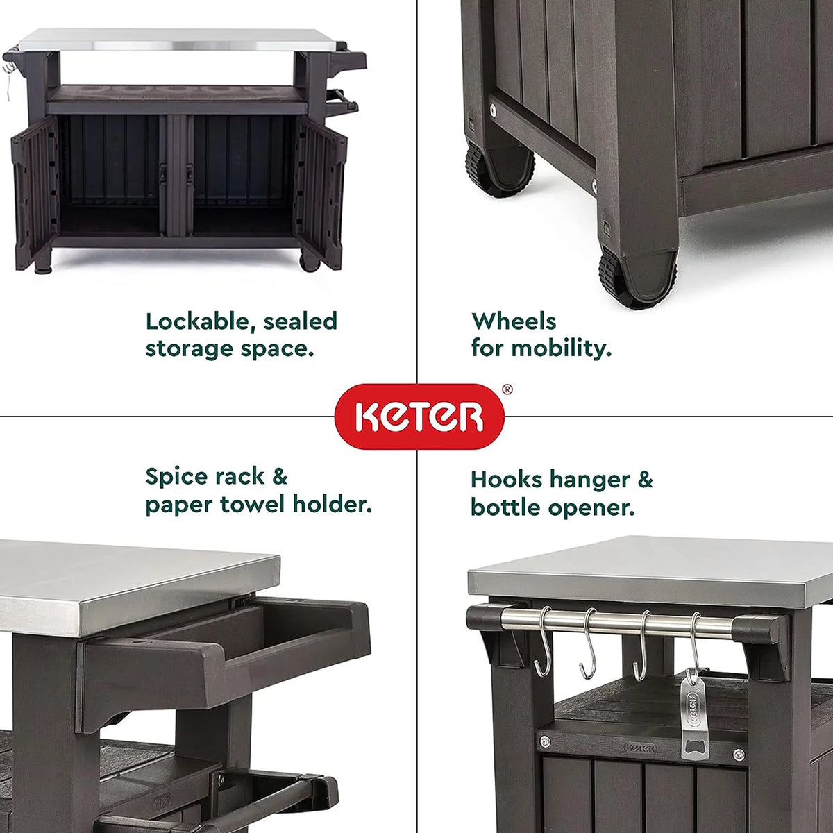 Brown Outdoor Kitchen Bar Rolling Cart with Storage Cabinet F68667