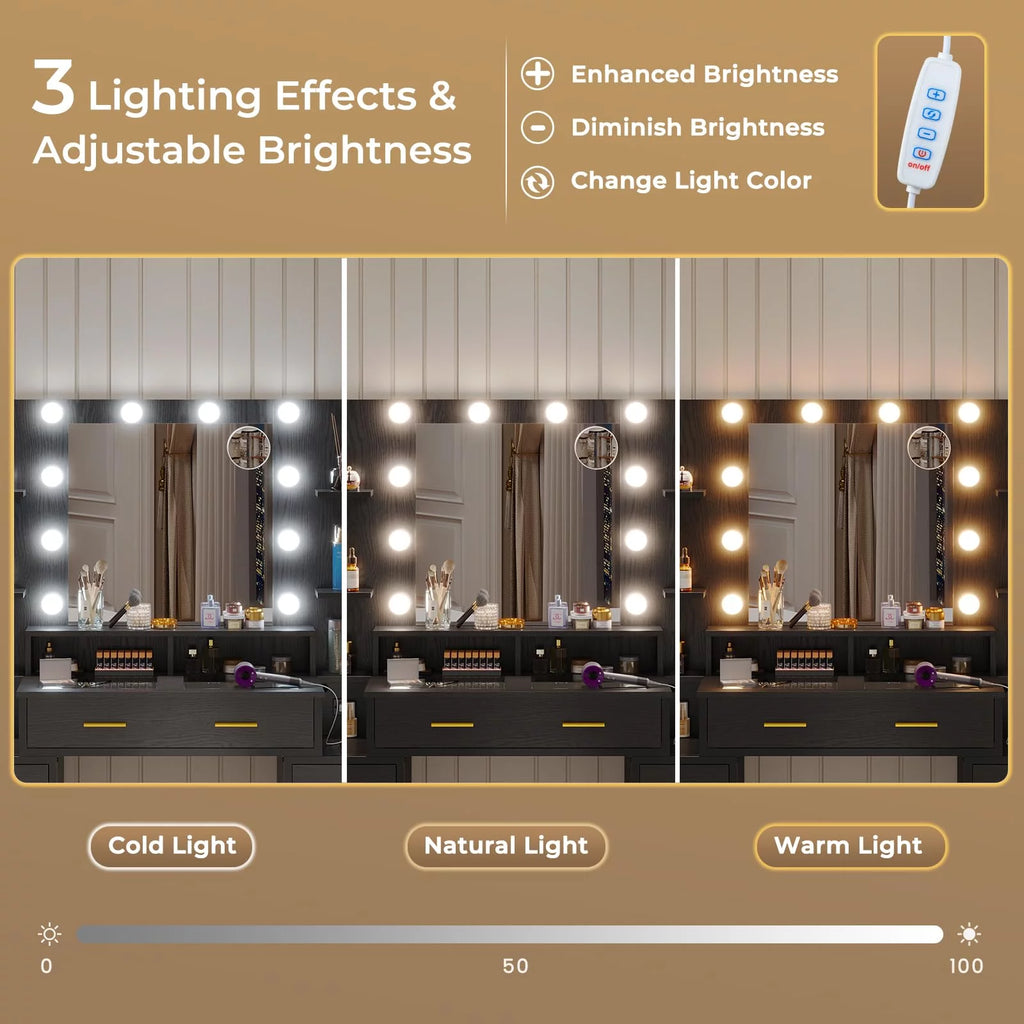 Black Vanity Desk with Lights and Charging Station M888898