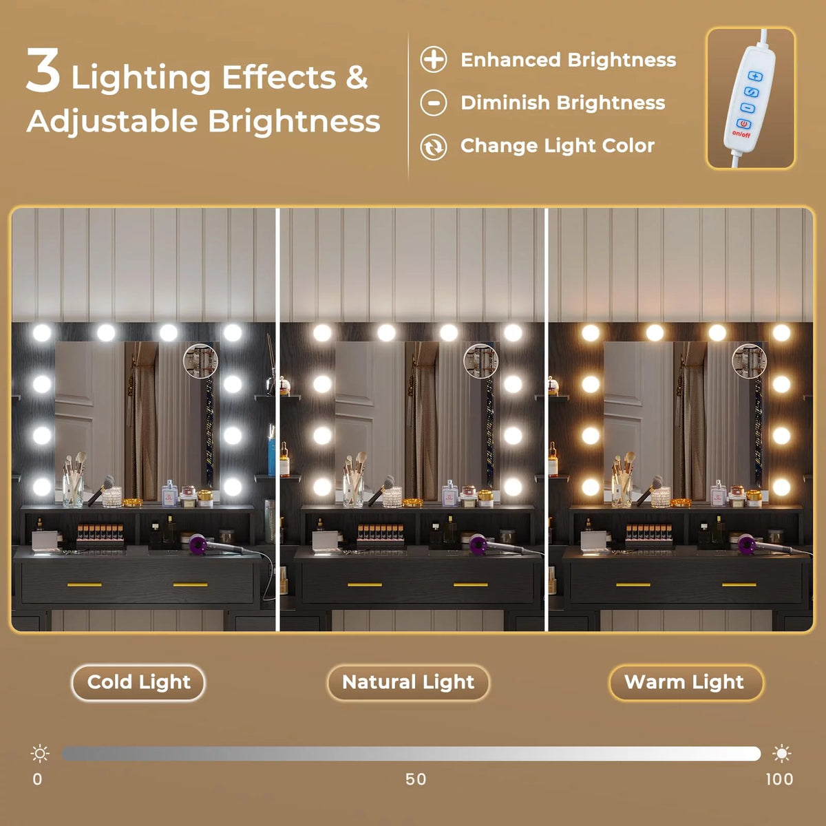 Black Vanity Desk with Lights and Charging Station M888898