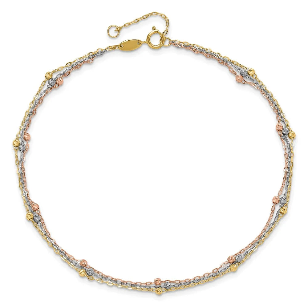 14 Karat Tri-color 3-Strand Beaded Anklet Q6953